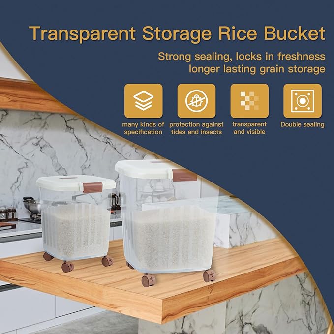 2PCS Airtight Flour Sugar Storage Containers with Lids, Easy to Move, Plastic Rice Cereal Grain Pet Food Bin with Wheels for Kitchen Pantry Organization (30lbs & 50lbs)