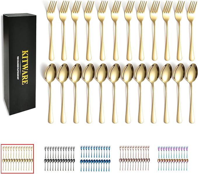 24 Pieces Gold Forks and Spoons Flatware Set for 12, KITWARE Stainless Steel Silverware Colored Tableware for Home Kitchen, Outdoor, Camping, BBQ, Lunch Box