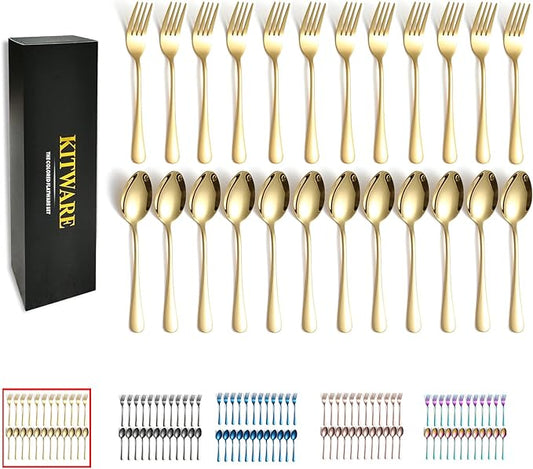 24 Pieces Gold Forks and Spoons Flatware Set for 12, KITWARE Stainless Steel Silverware Colored Tableware for Home Kitchen, Outdoor, Camping, BBQ, Lunch Box