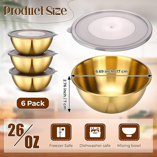 Nuogo 6 Pcs Gold Stainless Steel Mixing Bowl with Airtight Lids 6.7 inch Gold Esthetician Bowls for Easter Ramadan Serving Facial Salad Fruit Snack Soup Cereal Wedding Party