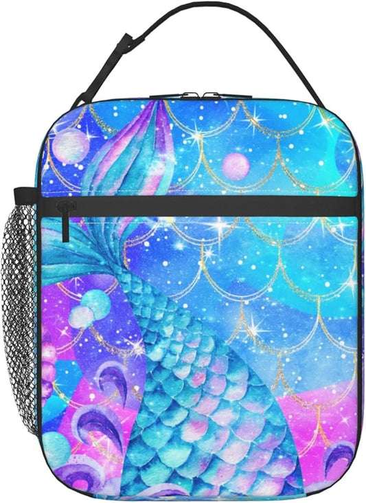 YETTA YANG Mermaid Tail Galaxy Blue Colorful Portable Lunch Bag Insulated Lunch Box Reusable Totes For Women Men Work Picnic Camping