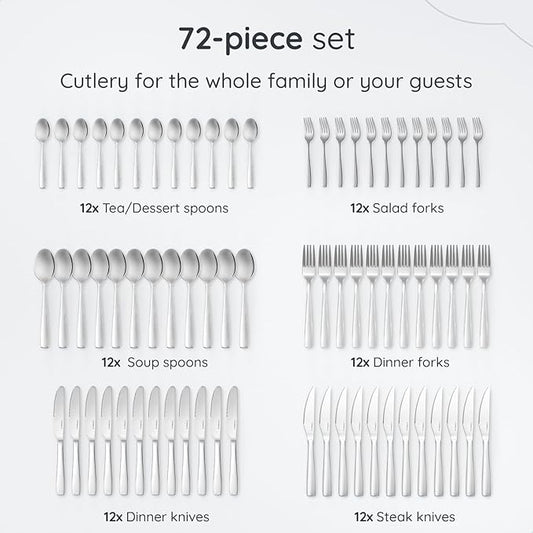 72-Piece Silverware Set for 12 Essential -18/0 Stainless Steel Flatware Set - Complete Cutlery Set with Forks and Spoons - Utensils for Every Occasion - Dishwasher Safe Kitchen Utensils Set