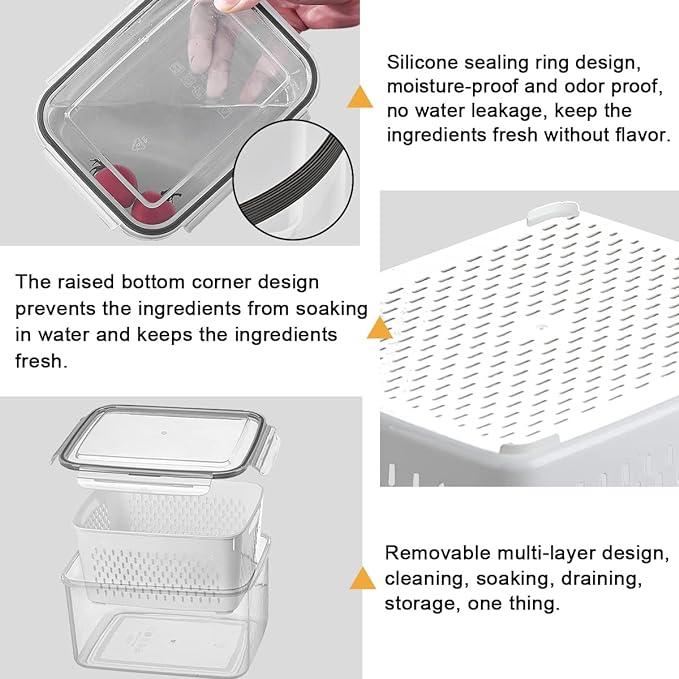 3Pack Fridge Food Storage Container Set with Lids with Strainer,Plastic Fresh Produce Saver Vegetable Fruit Meat Storage Organization, BPA-Free Plastic Produce Keepers(3.15L+1.7L+0.8L)