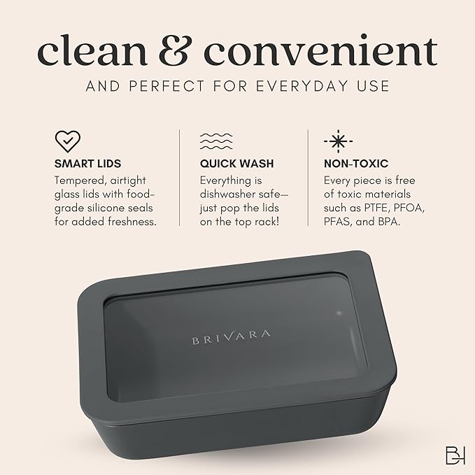 Ceramic Coated Glass Food Storage Containers | No PTFE, PFOA, PFAS, and BPA | Reusable Non Toxic Meal Prep Containers with Glass Lids | Easy To Store | 10 Piece Set [Onyx]