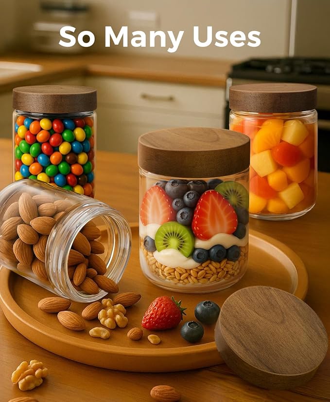 16oz 6 Pack Overnight Oats Containers with Lids, Glass Mason Jars with Acacia Wood Airtight Lids, Wide Mouth Meal Prep Storage Jars for Yogurt, Chia Pudding, Salad, Parfait, Snacks, Spice