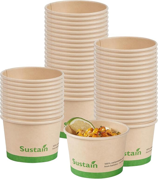Restaurantware-Sustain 4 Ounce Paper Soup Containers, 50 Disposable Ice Cream Cups - Lids Sold Separately, With PLA lining, Bamboo To Go Hot Soup Bowls, Compostable, Greaseproof