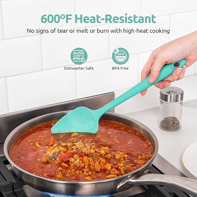 U-Taste 600ºF Heat Resistant Food Grade Silicone Spatula Set of 3, and 18/8 Stainless Steel Square Measuring Spoons Set of 8 (Aqua Sky+Silver)