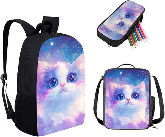 Dolyues Galaxy Cat Backpack Set for School 17-Inch School Backpack, Insulated Lunch Bag & Pencil Case - Adorable 3-Piece Combo for Elementary Students