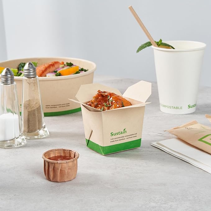 Restaurantware Sustain 8 Ounce Sturdy Paper Take Out Boxes, 200 Disposable Take Out Food Containers - With PLA lining, Compostable, Bamboo Paper Containers, Built-In Tab-Lock Cover, Greaseproof