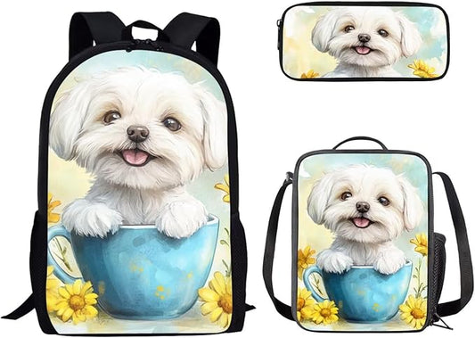 Dolyues Sunflower White Dog Girls BackpackSet: 17 Inch School Bag with Name Tag, Coordinating Lunch Box Bag & Butterfly Pencil Case - Perfect for Birthday & Back-to-School