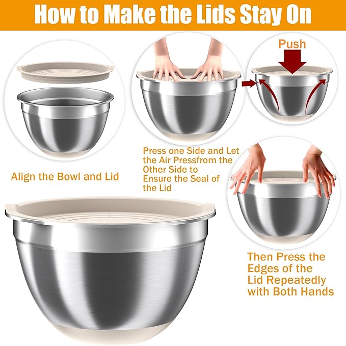Mixing Bowls with Airtight Lids Set, 4 Stainless Steel Bowls Nesting Bowls & Colander, Kitchen Organizers and Storage Non-Slip Bottom, Size 1.5/2.0/2.5/4.0QT, Great for Mixing & Serving, Khaki