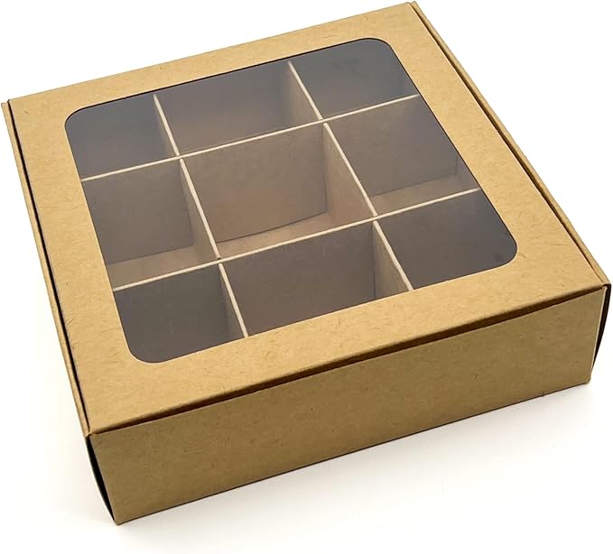 Treat boxes with window and dividers | 9 SMALL compartments | 6.5 x 6.5x 1.9 in | Chocolate covered strawberries supplies, macaron boxes, baked goods packaging | 10-pack (Kraft)