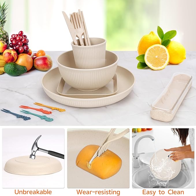 48 Pcs Dinnerware Sets, Unbreakable Plates and Bowls Sets, Reusable Dinnerware Sets for 4 People, Travel Camping Picnic Home Party Cutlery Set, Dishwasher Microwave Safe Dishes
