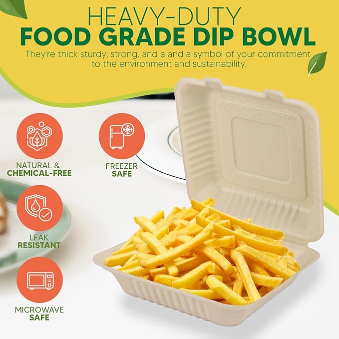 Compostable Clamshell Food Box with Lid (8x8 inch) 150-Pack | Disposable Plates | Made of Biodegradable Sugarcane Bagasse | Heavy-Duty Eco-Friendly Takeout Containers | Natural Brown