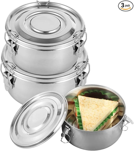 3 PCS Bento Box Set, 304 Stainless Steel Leak-Proof Food Storage Containers, Dishwasher Safe Lunch Boxes, Round Airtight Stainless Steel Containers, 660 ML 1040 ML 1950 ML Sizes