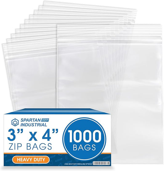Spartan Industrial - 3” X 4” (1000 Count) 4 Mil Thick Clear Reclosable Zip Plastic Poly Bags with Resealable Lock Seal Zipper - Heavy Duty and Durable
