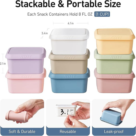ISSEVE 8oz Silicone Snack Containers for Kids, 1 Cup Reusable Small Containers with Lids, Leak Proof Silicone Food Storage Containers, Kids Lunch Box for Daycare, School, Travel (8)