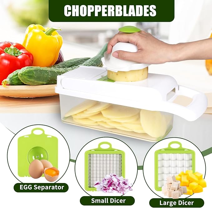 16 in 1 Vegetable Cutter and Mandolin Slicer - versatile food cutter, stainless steel blade, large container and - manual onion, garlic and salad cutter for kitchen use