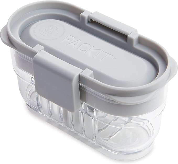 PackIt Mod Mini Bento Food Storage Container, Steel Gray, Shatterproof Crystal Clear Base, with Leak-resistant Divider and Lid, Microwavable, Dishwasher Safe, Designed for Snacks, 1 Cup Capacity