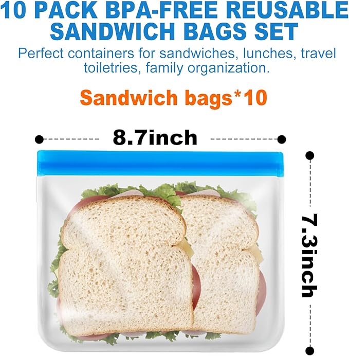 AURUZA 10 Pack Reusable Sandwich Bags Ziplock, Reusable Ziplock Silicone Bags Reusable Food Storage Bags, Zip Lock Freezer Bag Home Fridge Kitchen Organization Lunch Meal Prep Sandwich Containers
