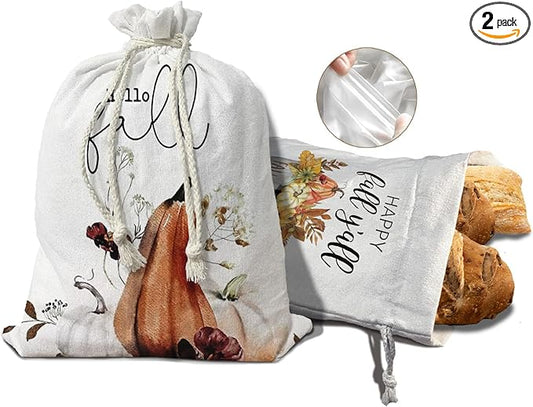 Pumplkin Autumn Beeswax Bread Bags for Sourdough Storage, Fall Linen Bread Bags for Homemade Breads Coth Reusable Large Breads Box, Fall Pumplkin Kitchen Decor Gifts for Baker 2Pcs 15.5×11.8