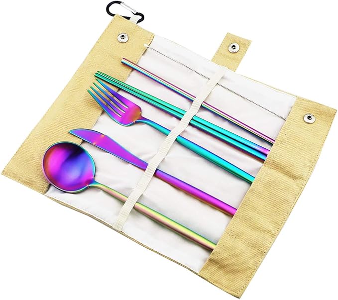 Reusable Travel Utensils, 7 Piece Portable 304 Stainless Steel including Knife Fork Spoon Chopsticks Cleaning Brush Straws Portable Pouch, Eco-friendly Camping Silverware Set, Dishwasher Safe