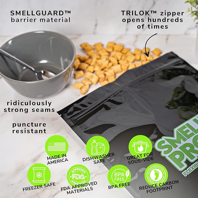 Smelly Proof Reusable Food Storage Container Bags, Reusable Freezer Bags US-Made BPA FREE, NO PEVA, 2 Gallon Bag, Easy Clean Dishwasher-Safe, NO SMELL Triple Zip BLACK 4 mils FLAT 12" x 16" - 5pk