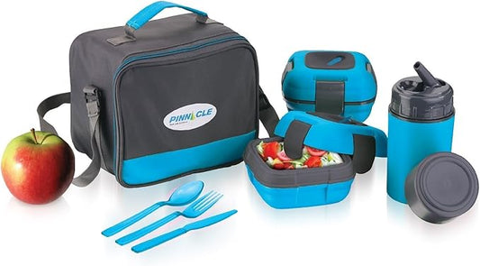 Pinnacle Thermoware Lunch Box Bag Set for Adults and Kids, Blue, Plastic and Stainless Steel, Matching Cutlery