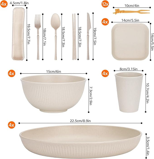 48 Pcs Dinnerware Sets, Unbreakable Plates and Bowls Sets, Reusable Dinnerware Sets for 4 People, Travel Camping Picnic Home Party Cutlery Set, Dishwasher Microwave Safe Dishes