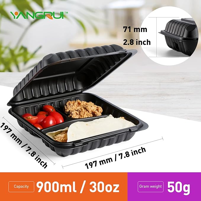 YANGRUI To Go Containers, Reusable 65 Pack 7.8 Inch BPA Free Black Clamshell Food Container 30 oz Shrink Wrap 3 Compartment Freezer and Microwave Safe MFPP Take Out Boxes