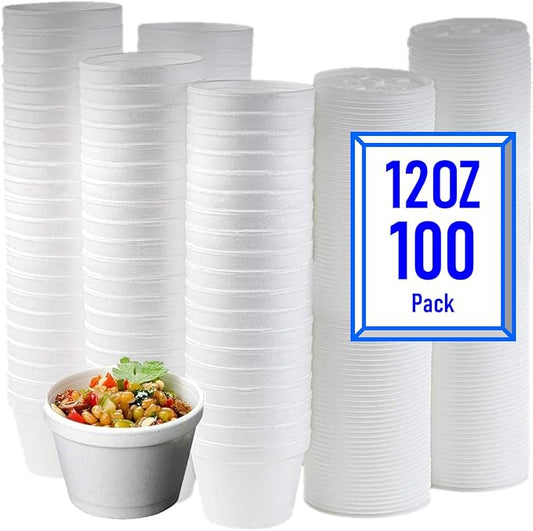 Mr Miracle Foam Bowl with Lid for Hot and Cold Foods – 12 Ounce Disposable Soup Container with Vented Lid, Great for Ice Cream, Yogurt, Soup, Takeout [100 pack]