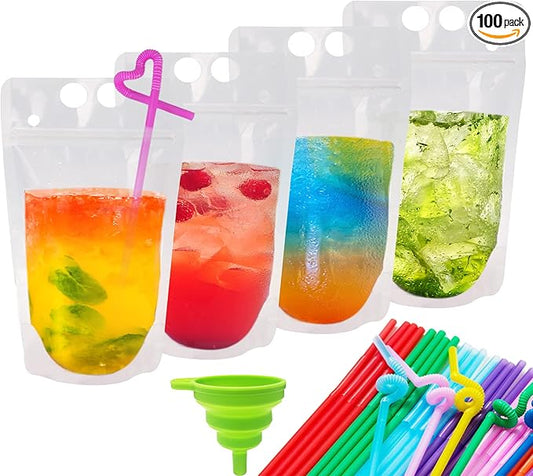 100 PCS Reusable Juice Pouches for Adults, Heavy Duty Plastic Smoothie Bags With 100 Straws Funnel for Cold Hot Drinks