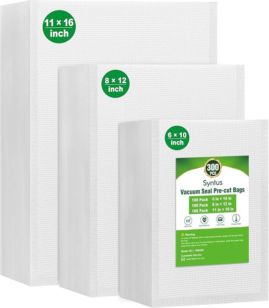Syntus Vacuum Sealer Bags, 300 Gallon 11" x 16" and Quart 8" x 12" and Pint 6" x 10" Commercial Grade PreCut Bag, BPA Free Food Vac Bags for Storage, Meal Prep or Sous Vide