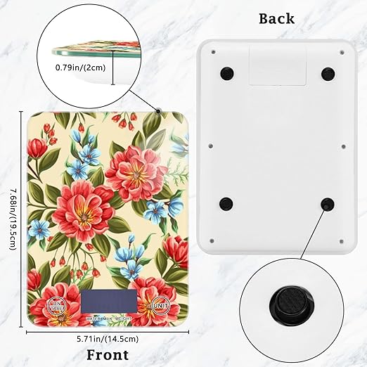 Food Scale Kitchen Digital Scale Food Ounces and Grams Dieting Baking Cooking Waterproof Glass Panels LCD Display,4 Units Scale Tare Function Flower Red