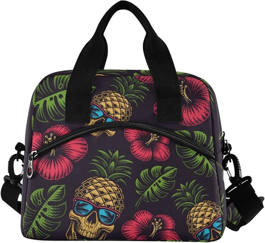 Hawaiian Pineapple Skull Insulated Lunch Bag Reusable Lunch Tote Bag Cooler Bag for Women Men Adult Lunch Box with Adjustable Shoulder Strap Leakproof Lunch Bag for Work School Picnic Camping