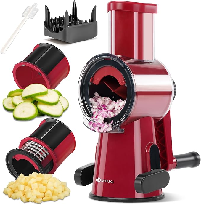 KEOUKE Manual Vegetable Chopper & Slicer - 2-in-1 Hand Crank Food Cutter with Cleaning Tools, Non-Slip Suction Base, Safety Pusher - Safe Effortless for Potato Carrot Onion - Red&Black