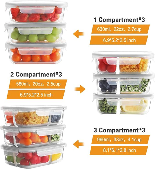 Bayco 9 Pack Glass Meal Prep Containers 3 & 2 & 1 Compartment, Glass Food Storage Containers with Lids, Airtight Glass Lunch Bento Boxes, Leak Proof (9 lids & 9 Containers) - Grey