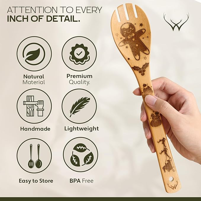 Woodlands-USA Christmas Kitchen Wooden Spoons For Cooking - Kitchen Utensils Set - Unique Women's Gifts For Christmas, Mom, Wife