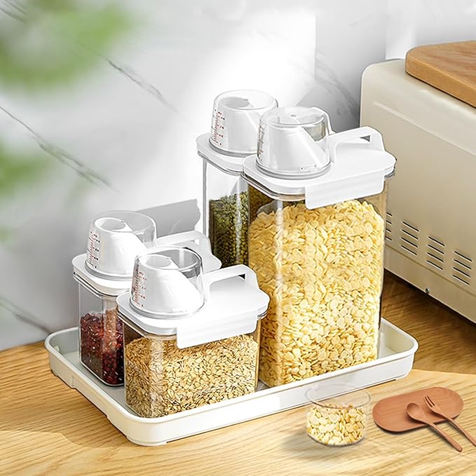Cereal Storage Container Set (Measuring Cups) BPA-Free PET Plastic Material, Reusable, Pantry Organizer, Food Portion Containers (Set of 4, 2 Large, 2 Small)