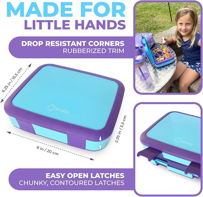 kinsho Bento Lunch Box for Kids Toddlers, 4 Portion Sections Secure Lid, Microwave Safe BPA Free Removable Tray, Pre-School Kid Daycare Lunches Snack Container Ages 3 to 5 Blue Purple