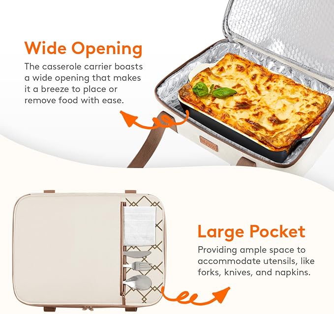 Lifewit Expandable Insulated Casserole Carrier for Hot or Cold Food, Double Decker Food Bag Lasagna Holder Carry Tote for Potluck Parties/Picnic/Cookouts, Fits 9"x13" Baking Dish, Cream-Geometric