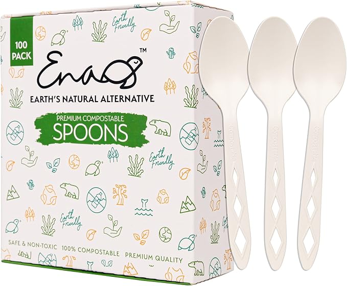 100% Compostable Non Plastic Spoons [100 Pack] CPLA Disposable Spoons. Non Plastic Silverware Set. Eco-Friendly Cutlery, Off White Flatware, Extra Sturdy Utensils, by Earth's Natural Alternative