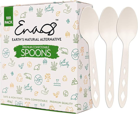 100% Compostable Non Plastic Spoons [100 Pack] CPLA Disposable Spoons. Non Plastic Silverware Set. Eco-Friendly Cutlery, Off White Flatware, Extra Sturdy Utensils, by Earth's Natural Alternative