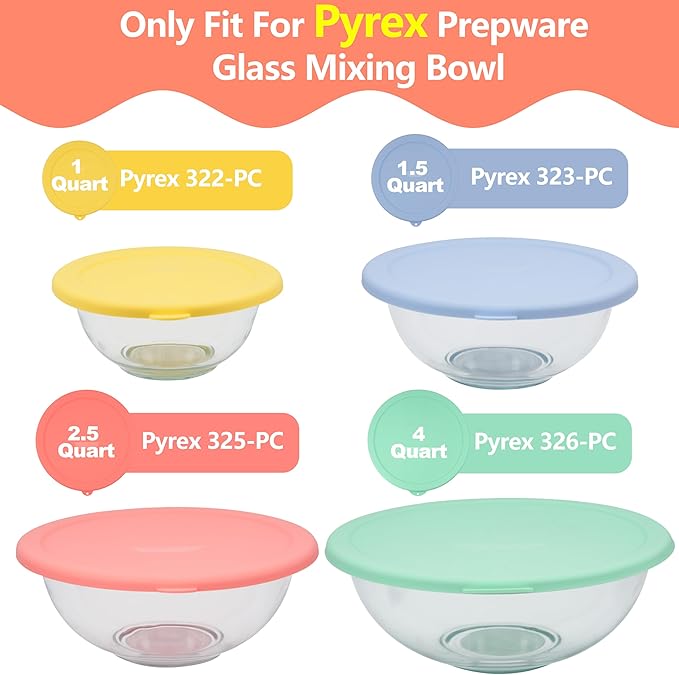 Silicone Lid for Pyrex Smart Essentials Prepware 326 4-Quart Rimmed Glass Mixing Bowl, Food Grade Silicone Cover, Dishwasher & Microwave Safe (Bowl not included) - 1 Pack