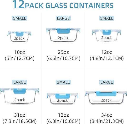 12 Pack Glass Storage Containers with Lids, Glass Meal Prep Containers Set, Airtight Food Storage Containers, Blue