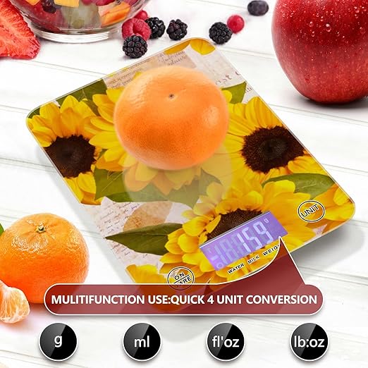 Food Scale Kitchen Digital Scale Food Ounces and Grams Dieting Baking Cooking Waterproof Glass Panels LCD Display,4 Units Scale Tare Function Sunflower