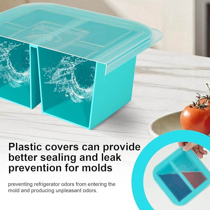 Silicone Freezer Tray with Lid 4 Pack Silicone Freezer Molds Ice Cube Tray Makes 8 Perfect 1 Cup Portions Soup Cubes Meal Prep Containers - Oven & Dishwasher Safe