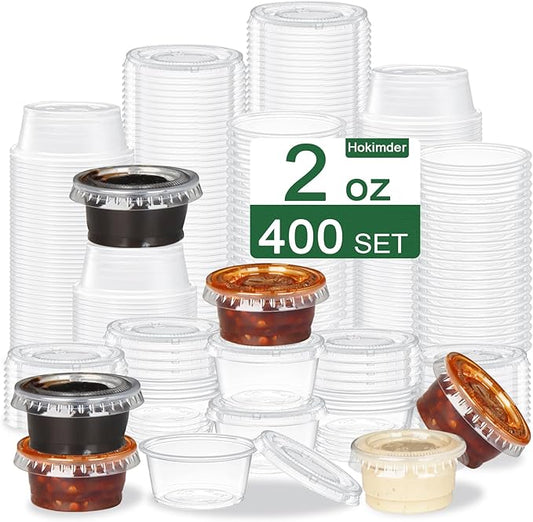 400 Pack 2 Oz Disposable Plastic Portion Cups with Lids, Small Jello Shot Cups, Plastic Containers Souffle Cup Condiment Containers with Lids Sauce Cups for Salad Dressing and Meal Prep -2oz/60ml