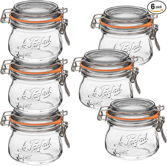 Le Parfait Super Jar, Canning Jars, 250mL French Glass Canning Jar w/Round Body, Glass Jars w/Airtight Lid, Canning Jars Wide Mouth, Glass Jar w/Lid, Clear Jars, Clear Glass Jars (8oz/Half Pint, 6 pk)