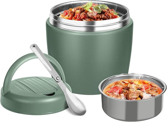Thermo for Hot Food 32oz, Vacuum Insulated Food Jar for Adults, Stainless Steel Soup Thermo Wide Mouth Leakproof Lunch Containers with Spoon for School Office, Green